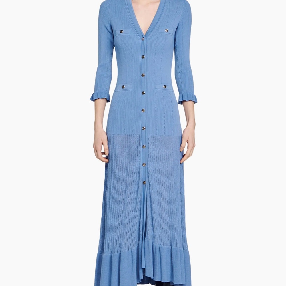 Sandro Sky Blue Ribbed Button-Front Midi Dress